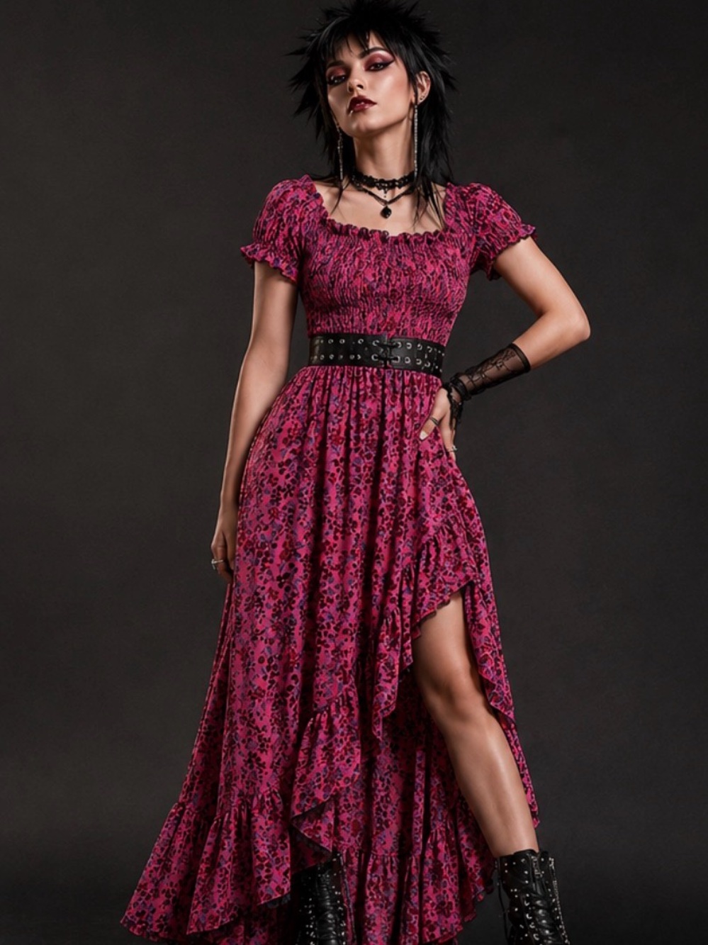 Crystal Doll Ruffled High-Low Maxi Dress in Deep Pink Floral